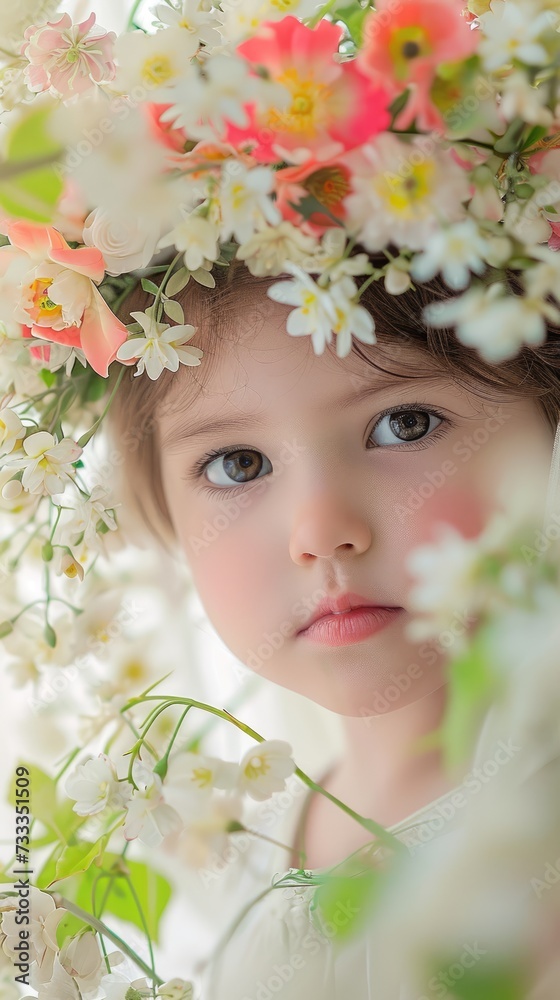 Close-up of a young child with a serene expression, wearing a floral crown made of pink and white flowers, with soft-focus blossoms in the foreground. Close-up of a young child with a serene expression, wearing a floral crown made of pink and white flowers, with soft-focus blossoms in the foreground.