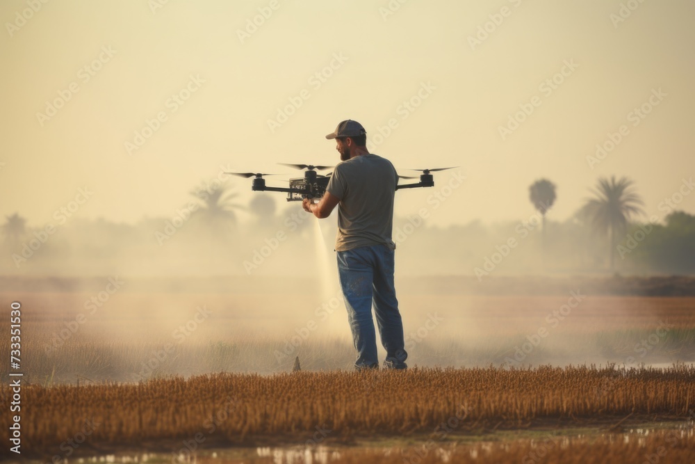 Farmer using drone to irrigate corn field from pests. Fusion of technology and traditional farming methods. Farmer using drone to irrigate corn field from pests. Fusion of technology and traditional farming methods.
