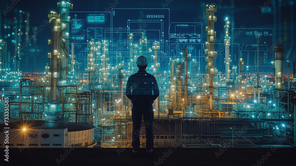 Petroleum engineer watching an oil refinery. AI generated Petroleum engineer watching an oil refinery. AI generated