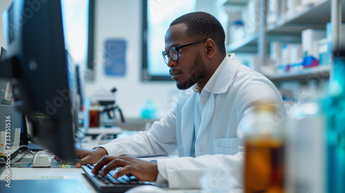 African american scientist in a chemical laboratory using a computer. AI generated