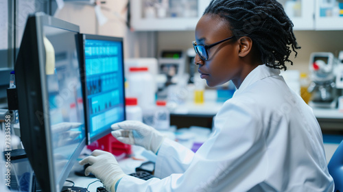 African american scientist in a chemical laboratory using a computer. AI generated photo
