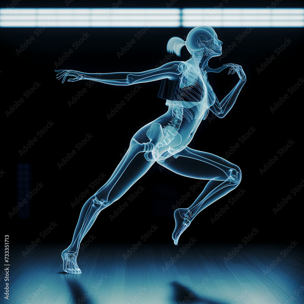 Moving or dancing woman as an X-ray photo. AI generated.