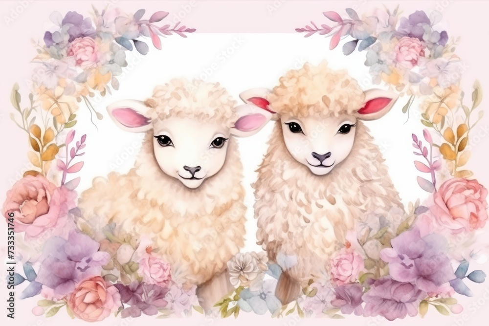 Pastel Twin Lambs with Flower Frame. Pastel-toned illustration of twin lambs framed by a floral border.