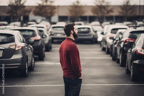 Alone man standing outdoor on parking lot and trying to find his car. Generative AI photo