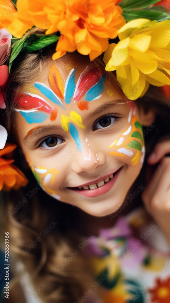 A close-up of a young girl with a floral face paint design, wearing a colorful headband, exudes happiness with a warm, genuine smile in a sunny, festive setting.