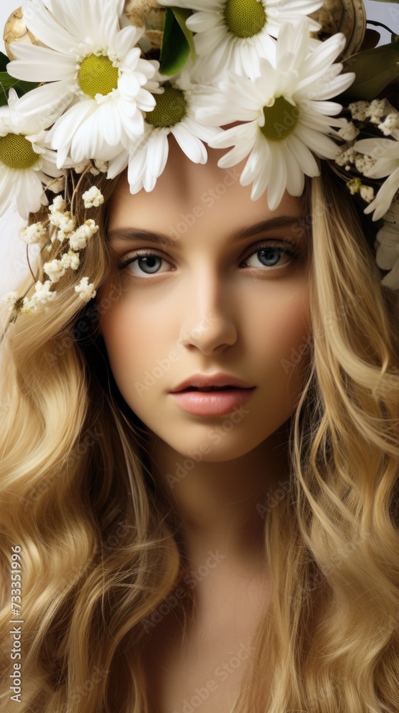 Young Woman with Daisy Flower Crown Looking Upward.