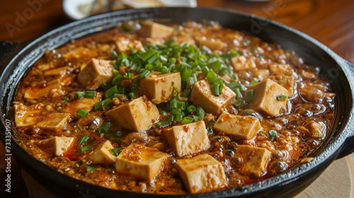 Details wiht the Chinese mapo tofu dish. AI generated