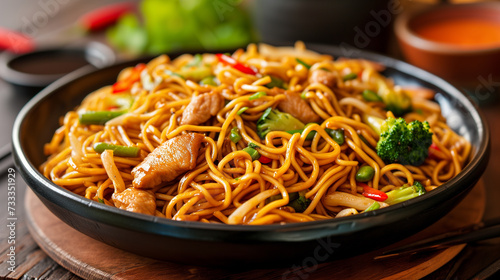 Details wiht the Chinese chow mein dish. AI generated