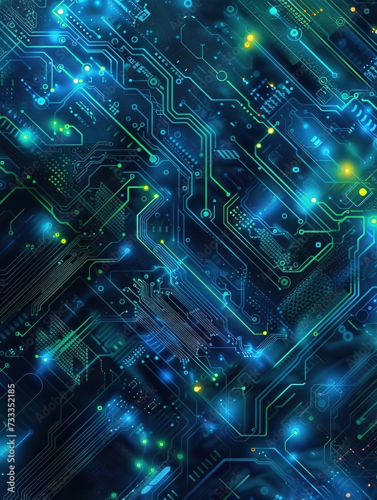 Cybernetic digital wallpaper, neon blues and greens weaving a vivid tapestry of future tech design.