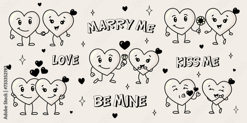 Retro groovy black and white hearts characters. Set of stickers valentines day in retro style. Two loving hearts in different situations. Trendy 60s, 70s, 80s style.
