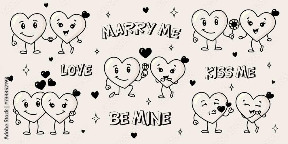 Fototapeta premium Retro groovy black and white hearts characters. Set of stickers valentines day in retro style. Two loving hearts in different situations. Trendy 60s, 70s, 80s style.