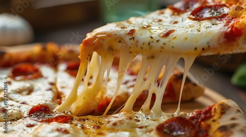 Classic Pepperoni Pizza with Stretchy Melted Cheese and Basil on Wooden Table. photo