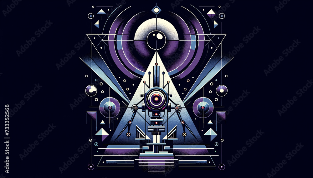 Minimalist Sci-Fi Horror: Eerie glow from futuristic portal framed by geometric shapes in muted colors.