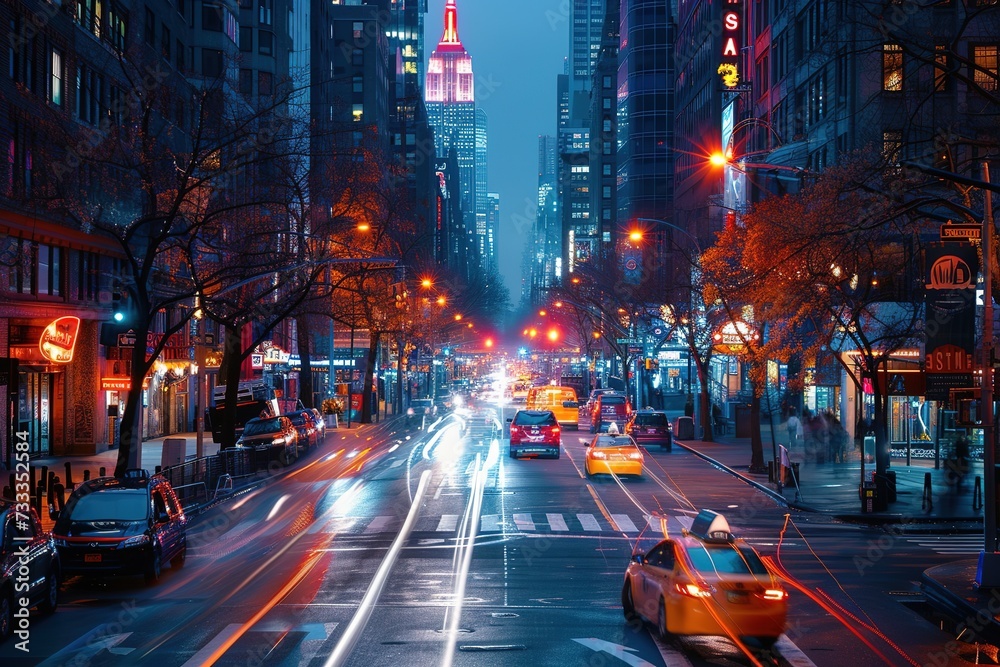 Bustling city street scene at night, with long exposure capturing light trails of moving cars and dynamic energy of urban life.