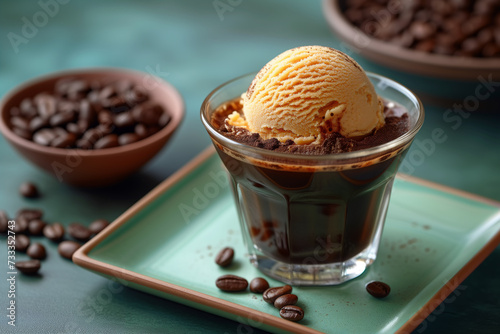 Ein Glas Affogato mit Vanilleeis und Kaffeebohnen auf grünem Keramikteller - italienischer Kaffeegenuss photo