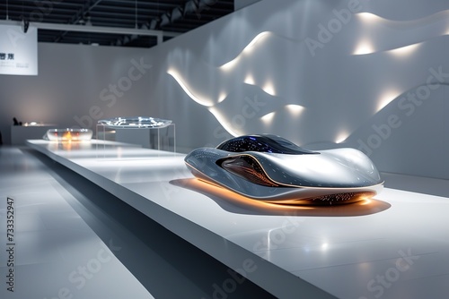 Concept car display at auto show, highlighting aerodynamic shapes and eco-friendly materials, under soft, white lighting.