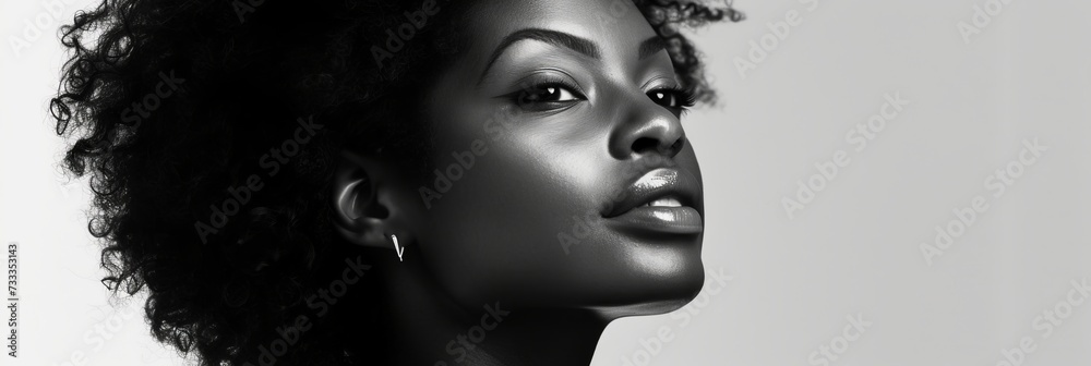 Black and white photo of a beautiful African American girl, close-up portrait of a woman, banner