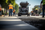 Asphalt paver laying down fresh asphalt on a road, with workers smoothing the surface behind it. Generative AI