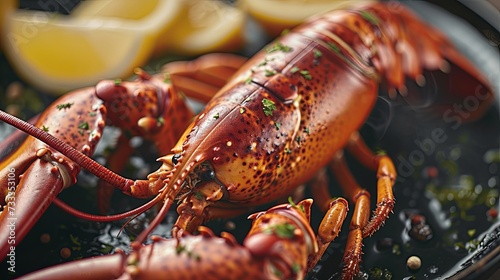 Lobster dish with lemon in restaurant seafood wallpaper background