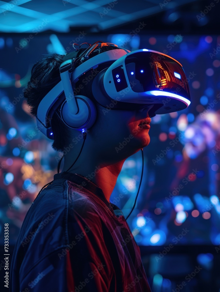 VR gamer immersed in holographic game, surrounded by projections in a shadowy room. VR gamer immersed in holographic game, surrounded by projections in a shadowy room.
