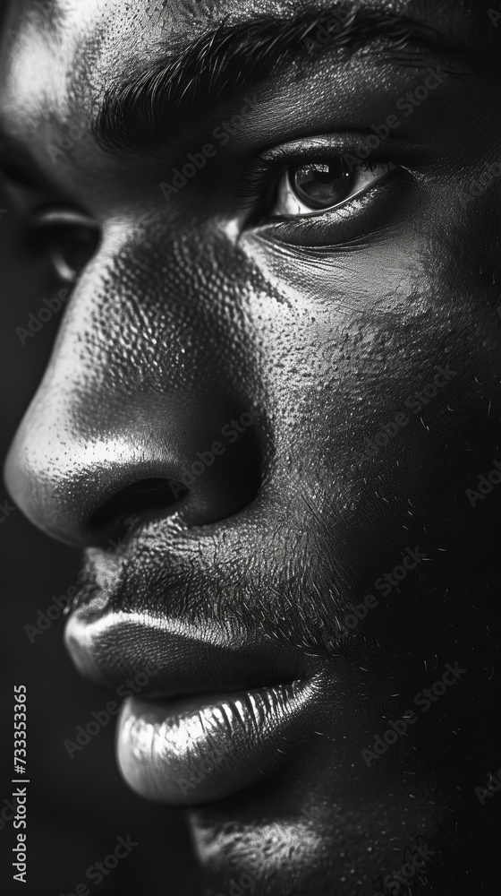 Black and white photo of a handsome African American male, close-up portrait of a man Black and white photo of a handsome African American male, close-up portrait of a man
