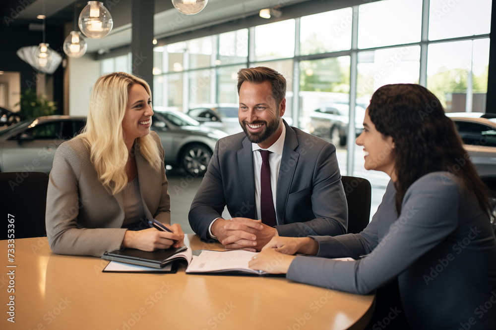 Buyers discussing financing options with a financial advisor in the dealership's finance office. Generative AI Buyers discussing financing options with a financial advisor in the dealership's finance office. Generative AI