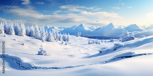 Winter landscape with snowy fir trees and blue sky with clouds. 3d rendering © Graphicsstudio 5