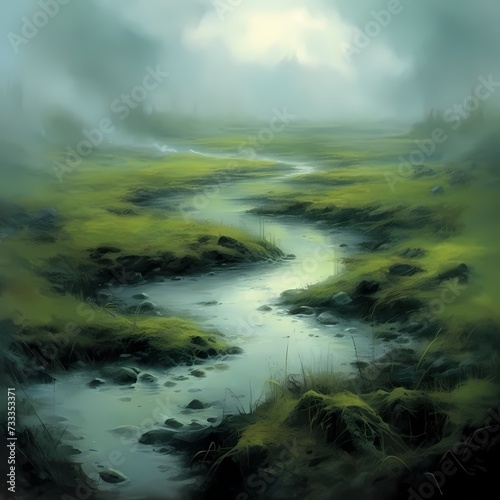 Misty Wetland Landscape with Serene River and Lush Greenery