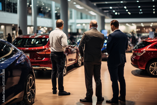 Buyers inspecting various cars on the showroom floor, comparing features. Generative AI