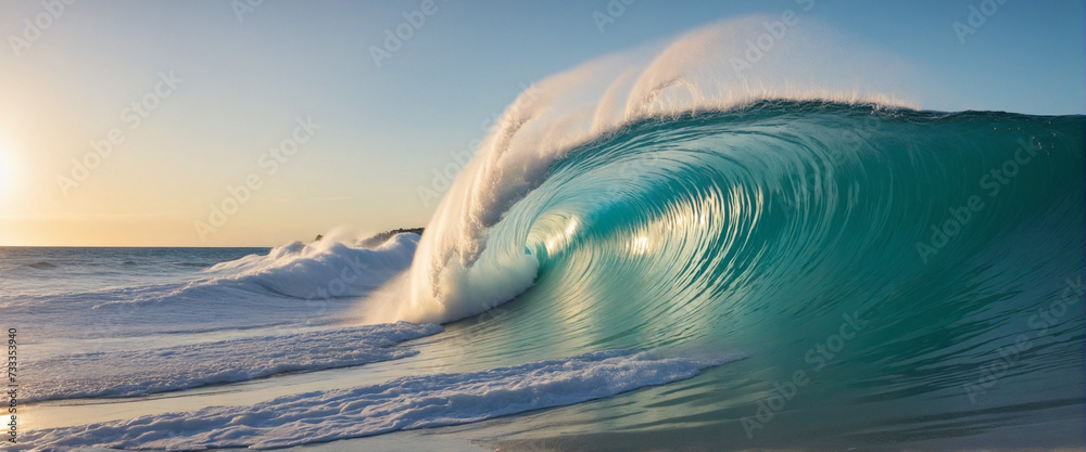 A beautiful ocean wave forming a tube.  Summer tropical resort incoming wave.  - obrazy, fototapety, plakaty 