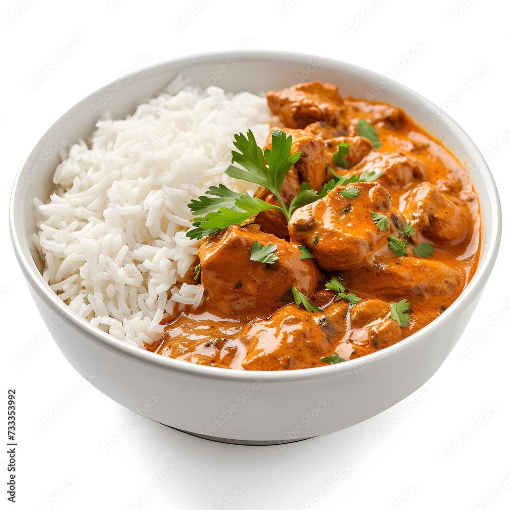 Chicken tikka masala spicy curry meat food with rice isolated on white background Chicken tikka masala spicy curry meat food with rice isolated on white background