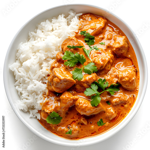 Chicken tikka masala spicy curry meat food with rice isolated on white background