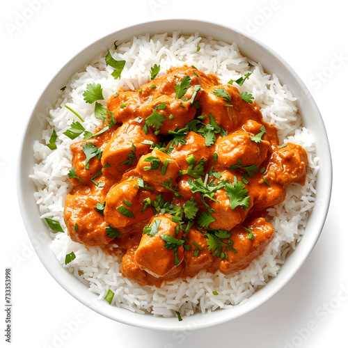 Chicken tikka masala spicy curry meat food with rice isolated on white background