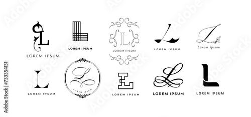 Creative L emblem. Luxury letter l monogram, lettering sign and geometric linear initial branding template vector icon set