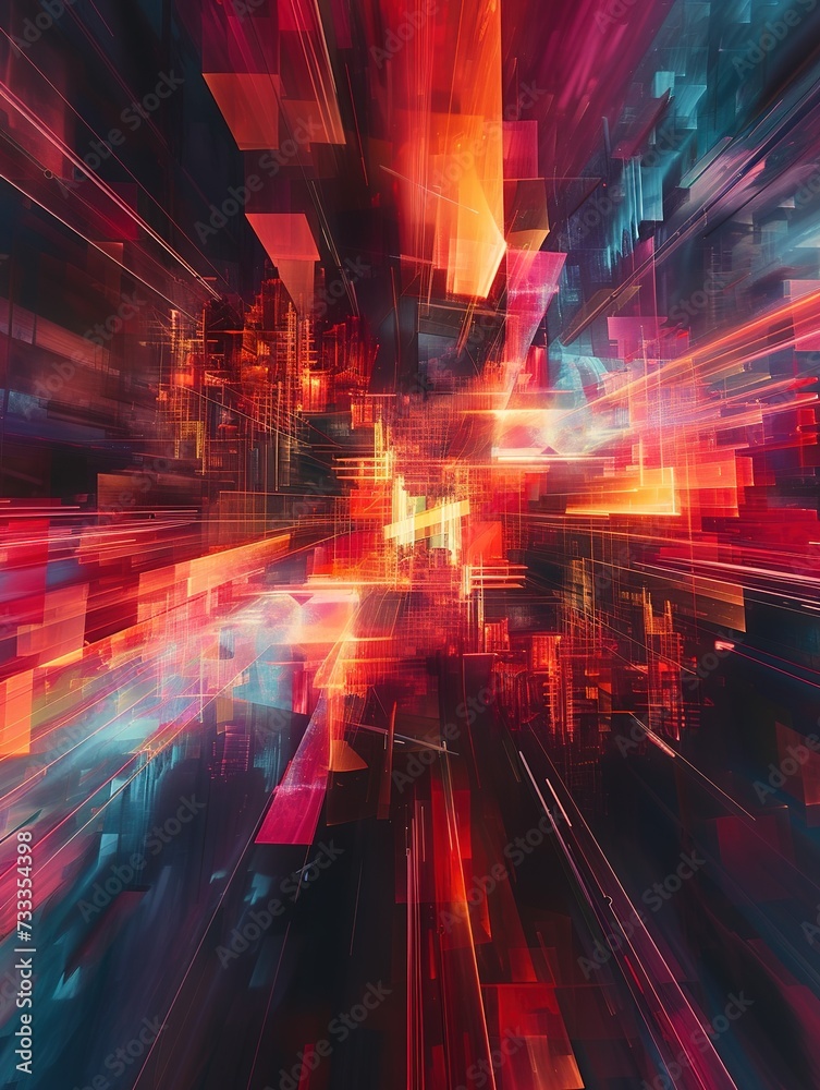 An abstract digital art piece, featuring complex grid of light intersecting in 3D space, creating vibrant geometric pattern.
