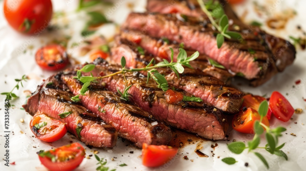 Sliced Grilled steaks with fresh herbs and tomatoes isolated on a white background. Sliced Grilled steaks with fresh herbs and tomatoes isolated on a white background.