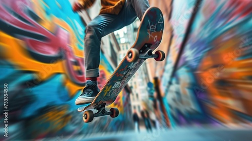 Mid-air skateboarder captured against a vibrant, graffiti-laden background, motion blur in full effect.