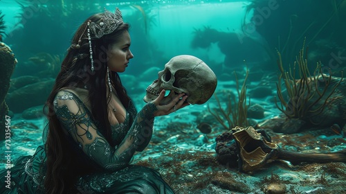 Fantasy magic legendary siren mermaid on sea bottom wallpaper background photo