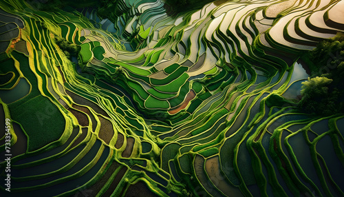Aerial view of green rice terraces and paddy field farming. Green landscape wallpaper.