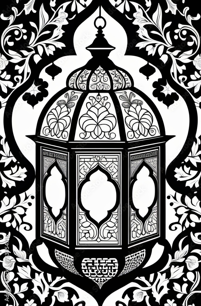 Fototapeta premium Lanter in a traditional oriental style. Black and white. Illustration by Generation AI.
