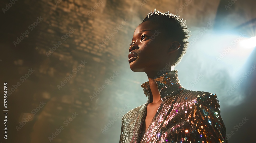 Spotlight on avant-garde fashion: a model in metallic hues, the light playing off the texture and color.