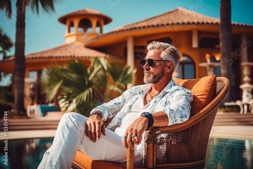 old handsome rich man with young girlfriend relaxing in pool it expensive villa