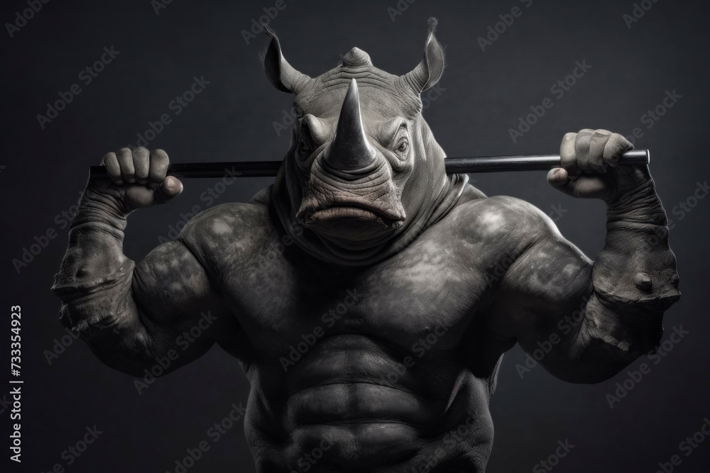 Surreal Rhino with Human Muscles Holding Bar