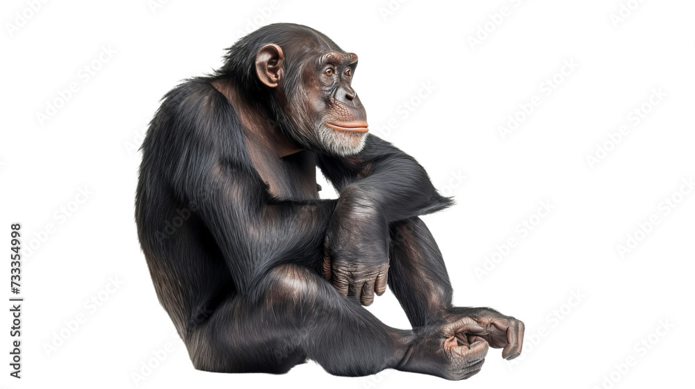 Naklejka premium sitting chimpanzee cutout isolated on white, side view on transparent png background
