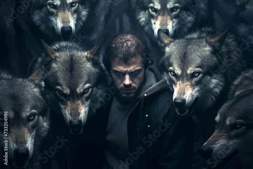 Man standing amidst a pack of wild wolves. Generative AI