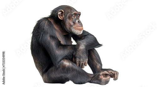 sitting chimpanzee cutout isolated on white, side view on transparent png background