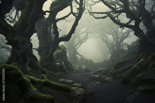 Mystical forest shrouded in mist, believed to be the home of mythical creatures and spirits. Generative AI photo