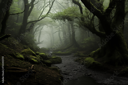 Mystical forest shrouded in mist, believed to be the home of mythical creatures and spirits. Generative AI photo
