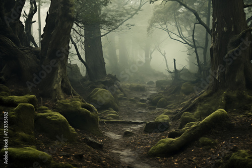 Mystery forest shrouded in mist, believed to be the home of mythical creatures and spirits. Generative AI