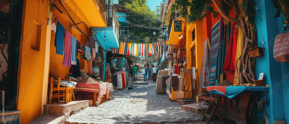Fototapeta premium Colorful street bazaar with vibrant textiles and traditional crafts in a bustling Moroccan market.